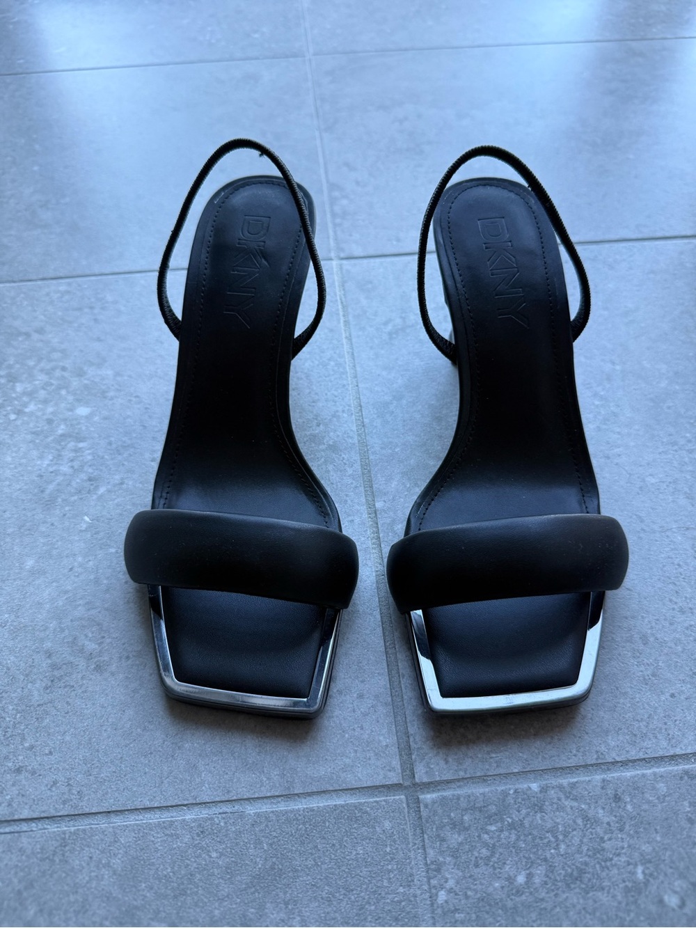 DKNY Black Square-Toe Slingback Heels with Metallic Accent